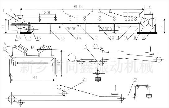 TD75型通用固定皮帶輸送機(jī)外形尺寸圖表：同鑫振動(dòng)機(jī)械